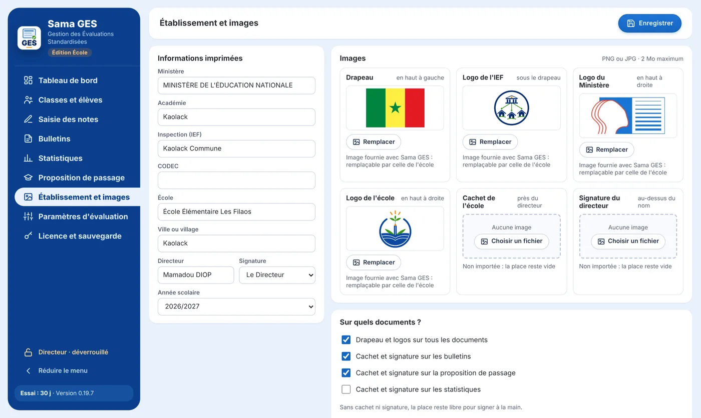 Informations de l'établissement et images des documents.
