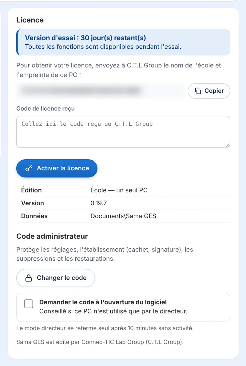 Activation de la licence (l'empreinte du PC est floutée).